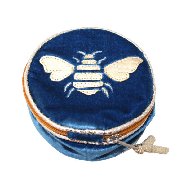Gold Bee Round Jewellery Purse - Cerulean Blue