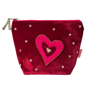 Embroidered Hearts Small Cosmetic Bag - Dark Red