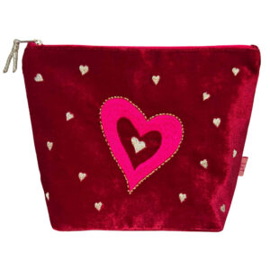 Embroidered Hearts Cosmetic Bag - Dark Red